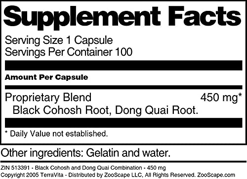 Terravita Black Cohosh and Dong Quai Combination Capsules, 450 mg, 300 Capsules