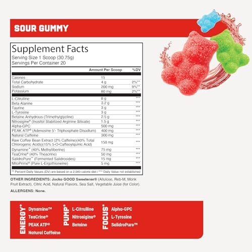 Jocko Fuel Preworkout Pro Series Sour Gummy Powder, 16 Servings