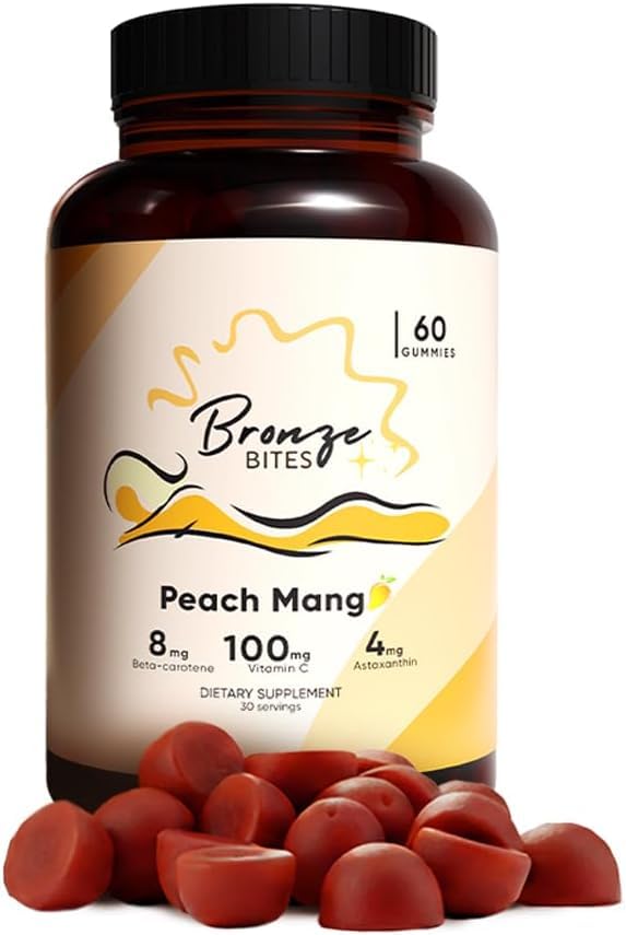 Bronze Bites Organic Tanning Gummies with Astaxanthin & Beta-Carotene, Peach Mango, 60 Count