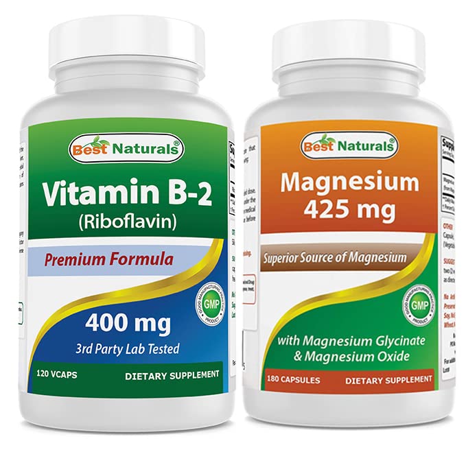 Best Naturals Vitamin B2 (Riboflavin) 400 mg & Magnesium Glycinate 425 mg Capsules, 120 Count