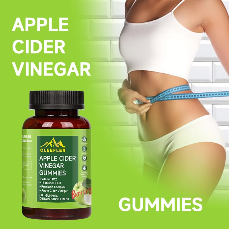 CLEEFLEN Apple Cider Vinegar Gummies with Vitamin B12 and Probiotics, 60 Gummies