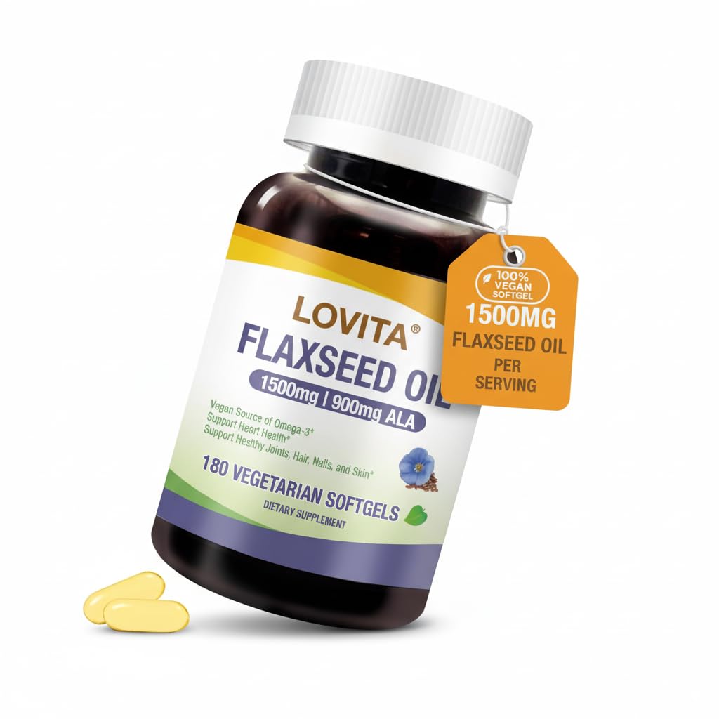 LOVITA Vegan Flaxseed Oil 1500mg, 900mg ALA Softgels, 180 Count