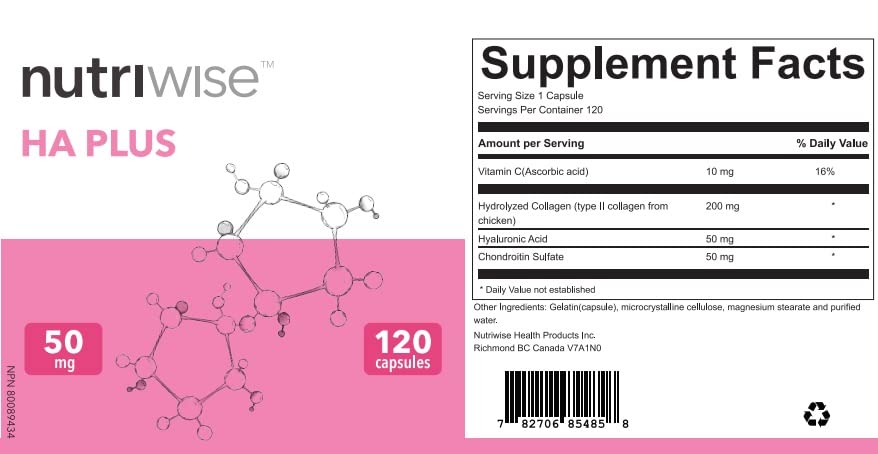 NutriWise HA Plus High Potency Hyaluronic Acid + Collagen Capsules, 120 Count