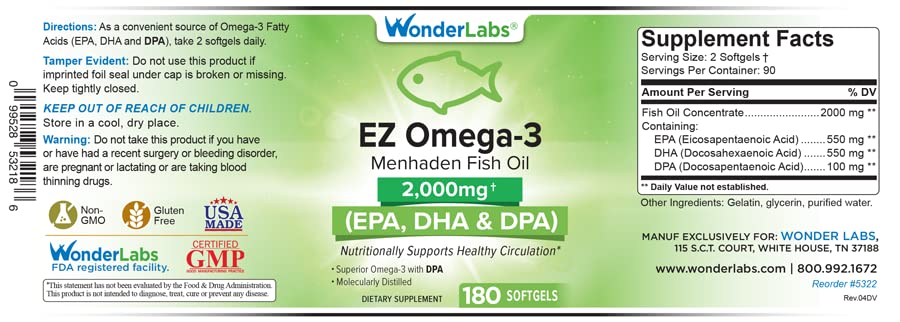 Wonder Laboratories EZ Omega-3 Atlantic Menhaden Fish Oil Supplement Softgels 2000 mg 180 Count