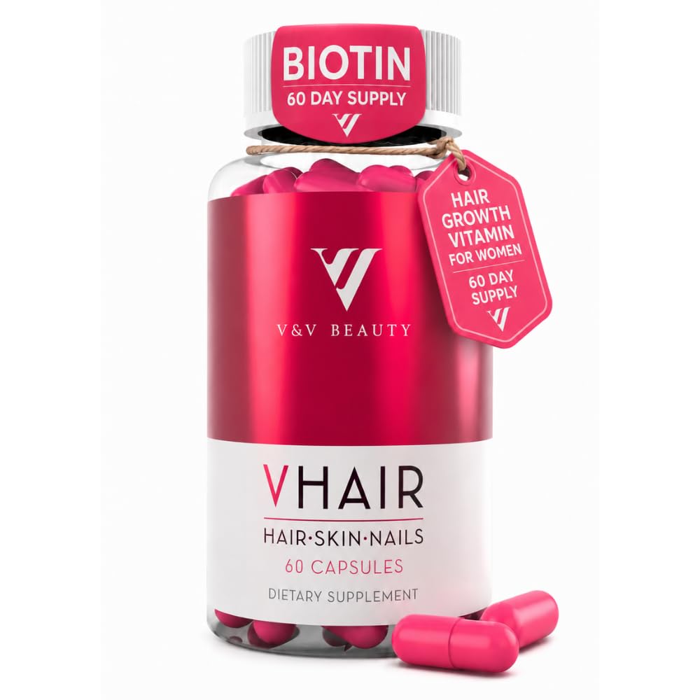 V&V Beauty Hair Growth Vitamin for Women Biotin, Keratin & Hyaluronic Acid Capsules for Thicker Hair, Skin and Nails Strength - Anti Hair Loss & Rejuvenation Formula, 60 Capsules