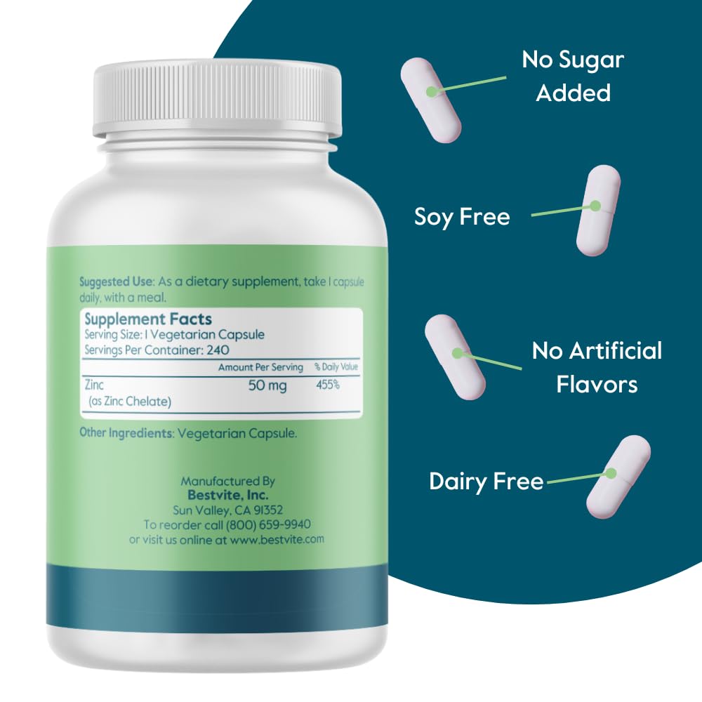 BESTVITE Zinc Chelate 50mg Capsules, 480 Count
