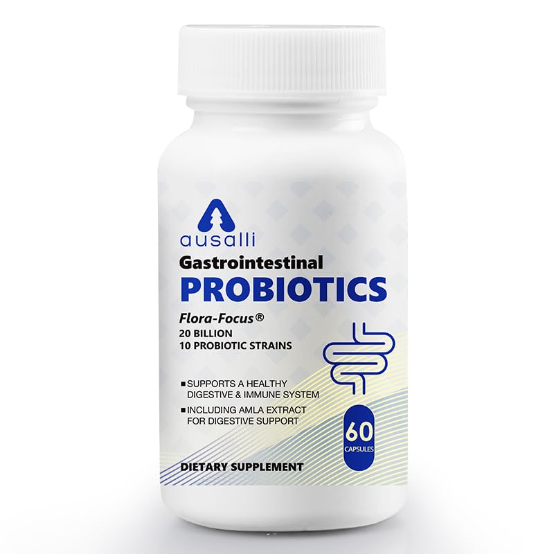Ausalli Gastrointestinal Probiotics Flora-Focus 20 Billion CFU, 10 Probiotic Strains with Amla Extract, 60 Capsules