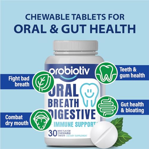 Probiotiv Oral Probiotics for Mouth Bad Breath 5 Billion CFU – Chewable Dental Probiotic for Teeth and Gums & Fresh Breath, Combats Dry Mouth, Halitosis & Supports Gut Health (60 Count (Pack of 4))
