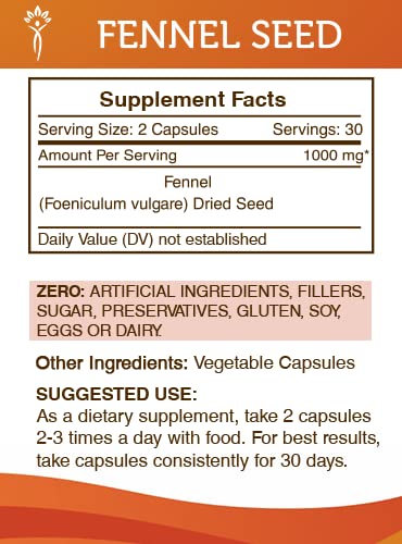 Secrets of the Tribe Fennel Seed 1000 mg Capsules, 60 Count