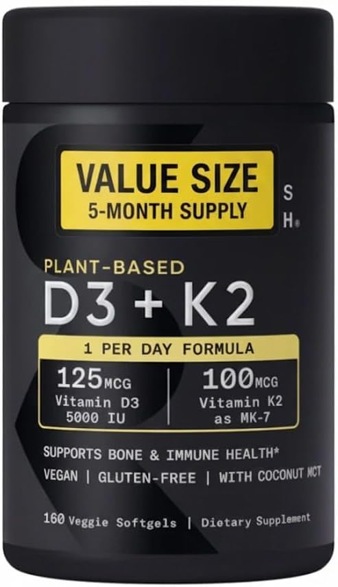 Generic Sports Vitamin D3 K2 with Plant-Based D3 5000iu & 100mcg MK-7, Non-GMO Verified & Vegan Certified, 160 Softgels
