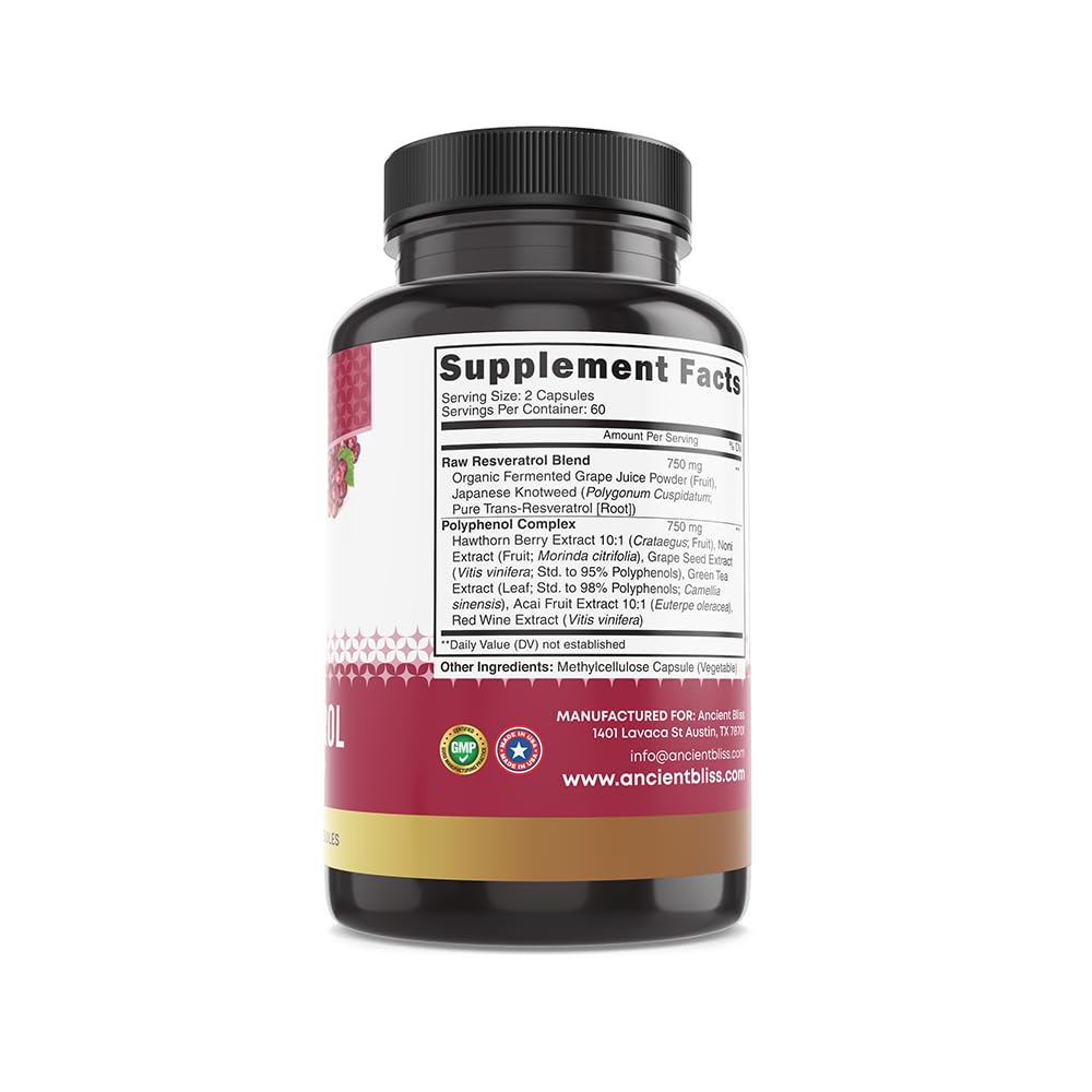 Ancient Bliss Resveratrol Powerful Antioxidant Supplement with Green Tea, Grape Seed Extract Capsules, 120 Capsules