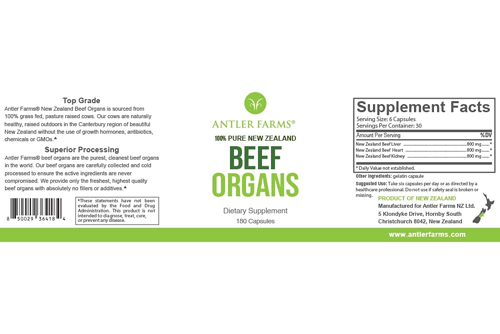 Antler Farms New Zealand Beef Organs - Heart, Liver & Kidney, 180 Capsules