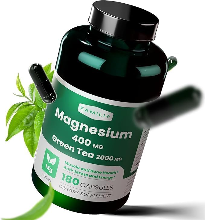 FAMILI+ Magnesium 400mg, Green Tea Supplement & L-Theanine Capsule, 180 Count