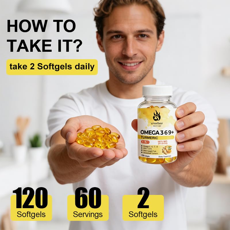 VYHTHY Omega-3-6-9 Softgels with Turmeric, Curcumin, DHA & EPA, 120 Count