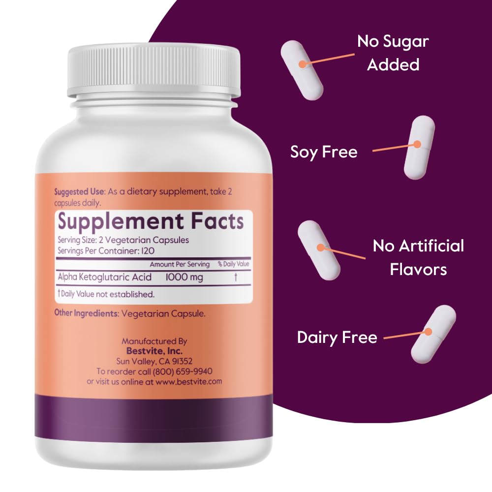 BESTVITE AKG Alpha Ketoglutaric Acid 1000mg, 240 Capsules