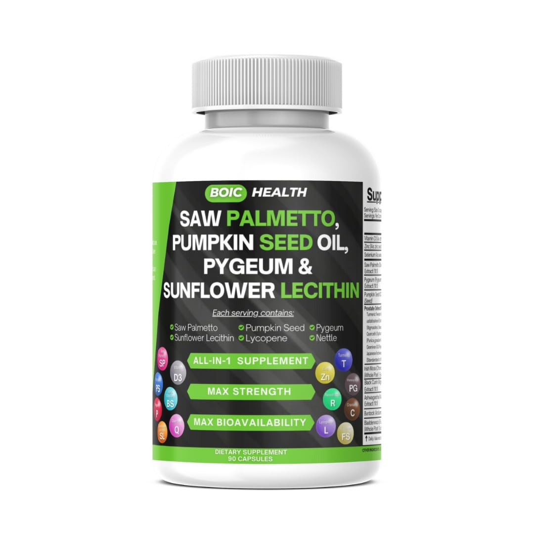 BOIC Saw Palmetto Prostate Support Extra Strength with Pumpkin Seed Oil, Pygeum, Sunflower Lecithin, Stinging Nettle & Cranberry – Zinc, Selenium & Lycopene, 90 Capsules