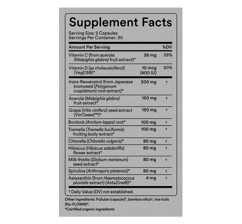 Nature Generation USDA Organic Vegan Skin Cellular Health Supplement with Vitamin C, Trans-Resveratrol and Astaxanthin for Whole Body Skin Elasticity, Tone & Barrier Support, Capsules, 60 Count
