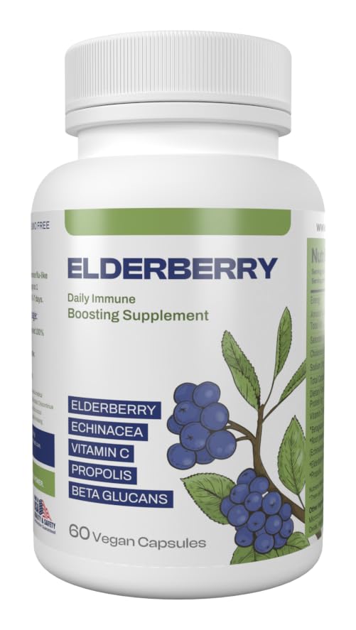 Only Nutri Labs Elderberry Dietary Supplement Propolis, Echinacea, Vitamin C & Beta Glucans Daily Wellness Capsules for Adults, 60 Capsules