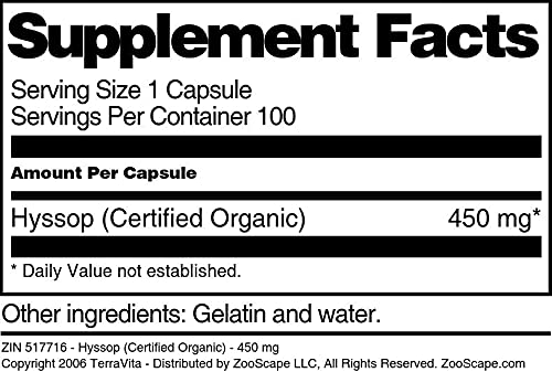 Terravita Hyssop (Certified Organic) 450 mg Capsule, 100 Count