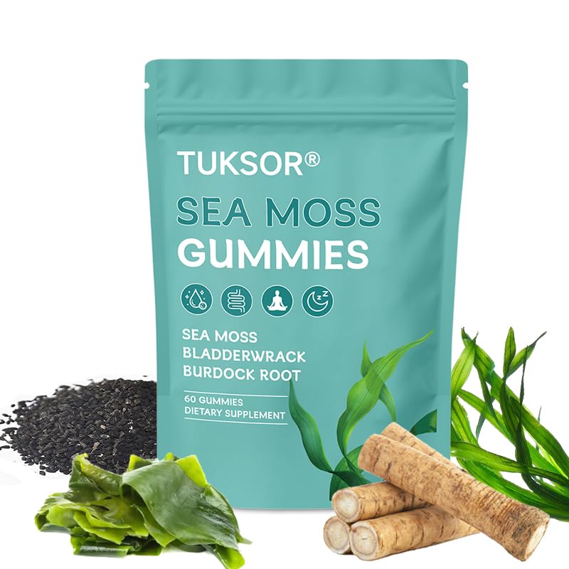 TUKSOR Organic Sea Moss Gummies with Black Seed Oil, Burdock Root, Ashwagandha & Bladderwrack – Herbal Energy, 60 Gummies