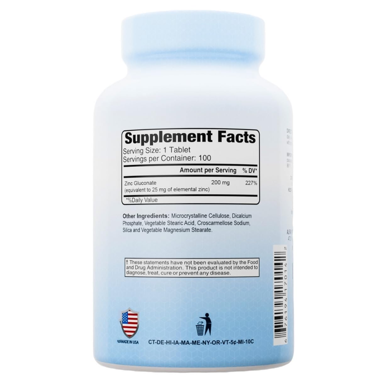ALFA VITAMINS Zinc Gluconate 200 mg Tablet, 100 Tablets