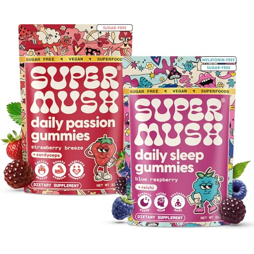 SuperMush Mushroom Gummies with Horny Goat Weed, Reishi, Chaga, Cordyceps, Maca, L-Theanine, Magnesium & Chamomile - Sleep, Energy, Blood Flow & Detox Support, 120 Count