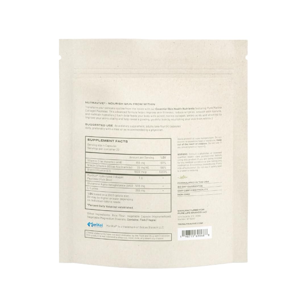 NutraVive Essential Skin Health Nutrients Hydrolyzed Morikol Marine Collagen Peptides, Amino Acids & Vitamins 120 Capsules