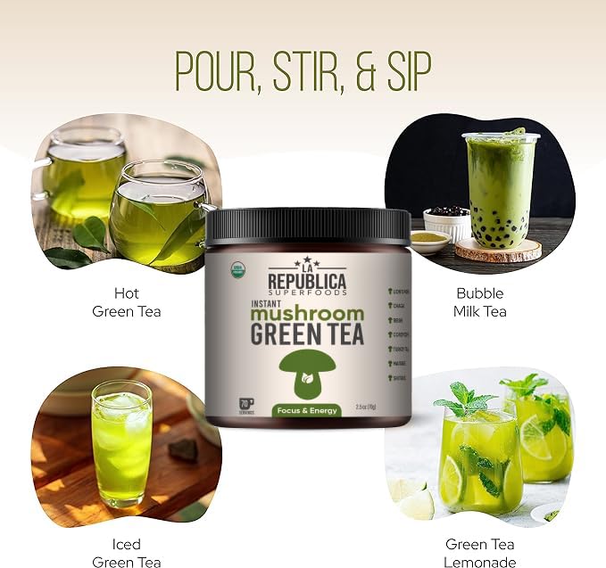 LRLA SUPERFOODS La Republica Instant Green Tea with Reishi, Chaga, Lion's Mane, Cordyceps, Turkey Tail, Maitake for Focus Powders 4.2329