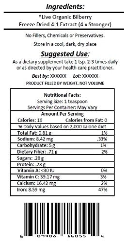 Virgin Extracts Freeze-Dried Organic Bilberry 4:1 Powder Extract Concentrate SuperFood Powder, 16 oz
