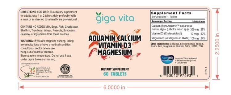 Giga Vita Aquamin Calcium with Vitamin D3 & Magnesium – Bone, Joint & Muscle Support – Plant-Based Marine Calcium from Red Algae – 60 Capsules