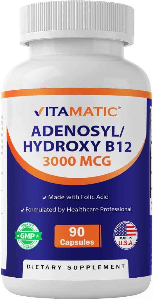 Vitamatic Adenosylcobalamin Hydroxocobalamin B12-3000 mcg with Folic Acid – Dual Active Form of B12, 90 Veg Capsules