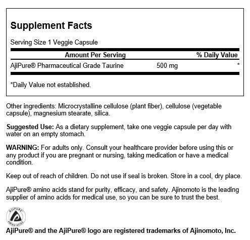 Swanson Amino Acid Ajipure Taurine 500 mg Veg Capsules, 60 Count