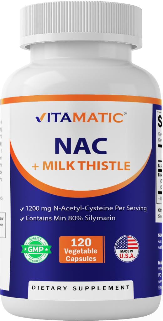 Vitamatic NAC Supplement N-Acetyl-L-Cysteine (NAC) with Milk Thistle 50:1 Extract, 120 Veg Capsules