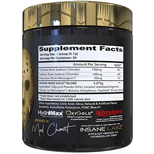 Insane Labz Insane Veinz Gold Nitric Oxide Non Stimulant Pre-Workout Powder 6.5 Ounce