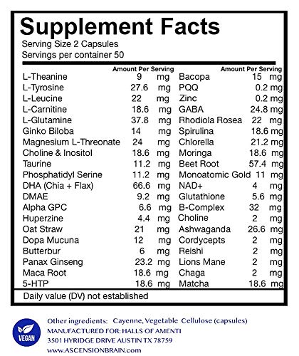 Halls of Amenti Ascension Brain Health Supplement Capsule, 100 Count