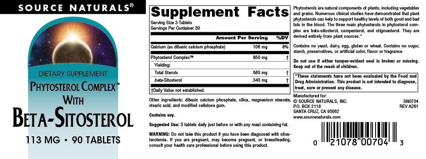 Source Naturals Phytosterol Complex with Beta-Sitosterol 113 mg Tablet, 90 Tablets