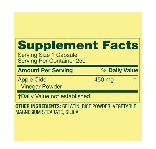 H4U Apple Cider Vinegar General Health & Wellness Dietary Supplement Capsule, 450 mg, 250 Count