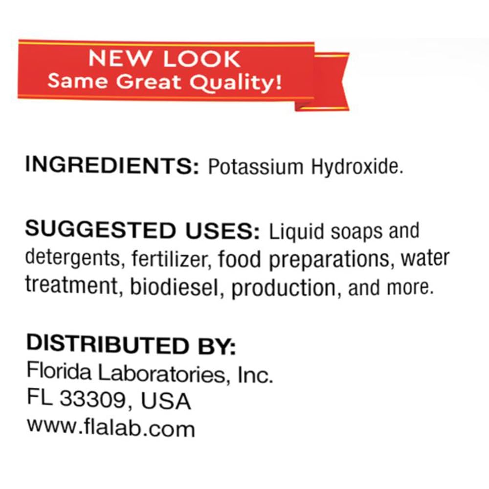 Florida Laboratories Potassium Hydroxide 90% Pure Food Grade Caustic Potash USP Powder 64 Ounce