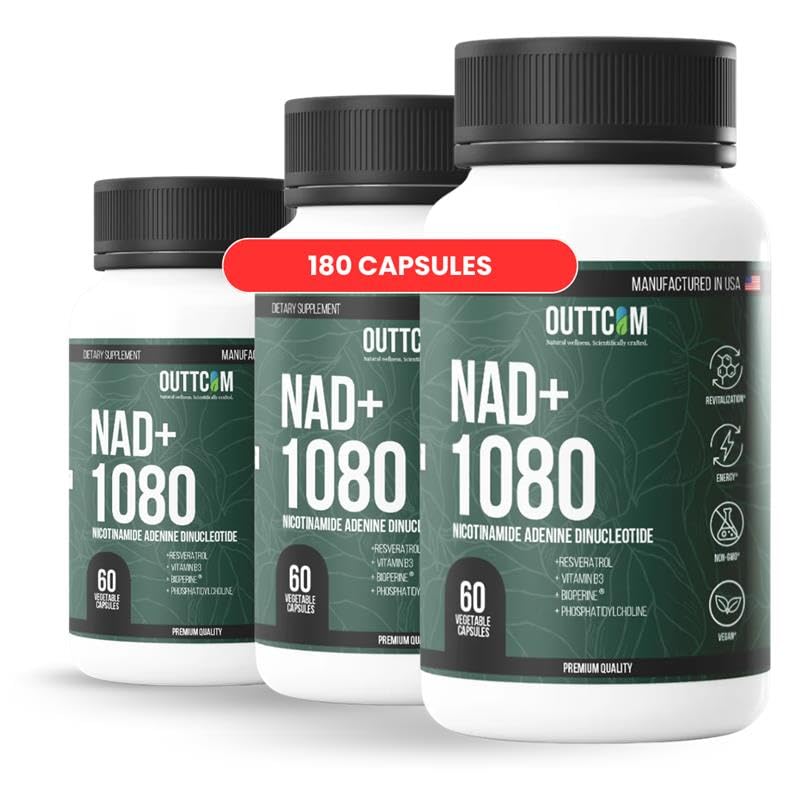 Outtcom NAD+ Supplement with Resveratrol, B12, Phosphatidylcholine & Bioperine, 180 Capsules