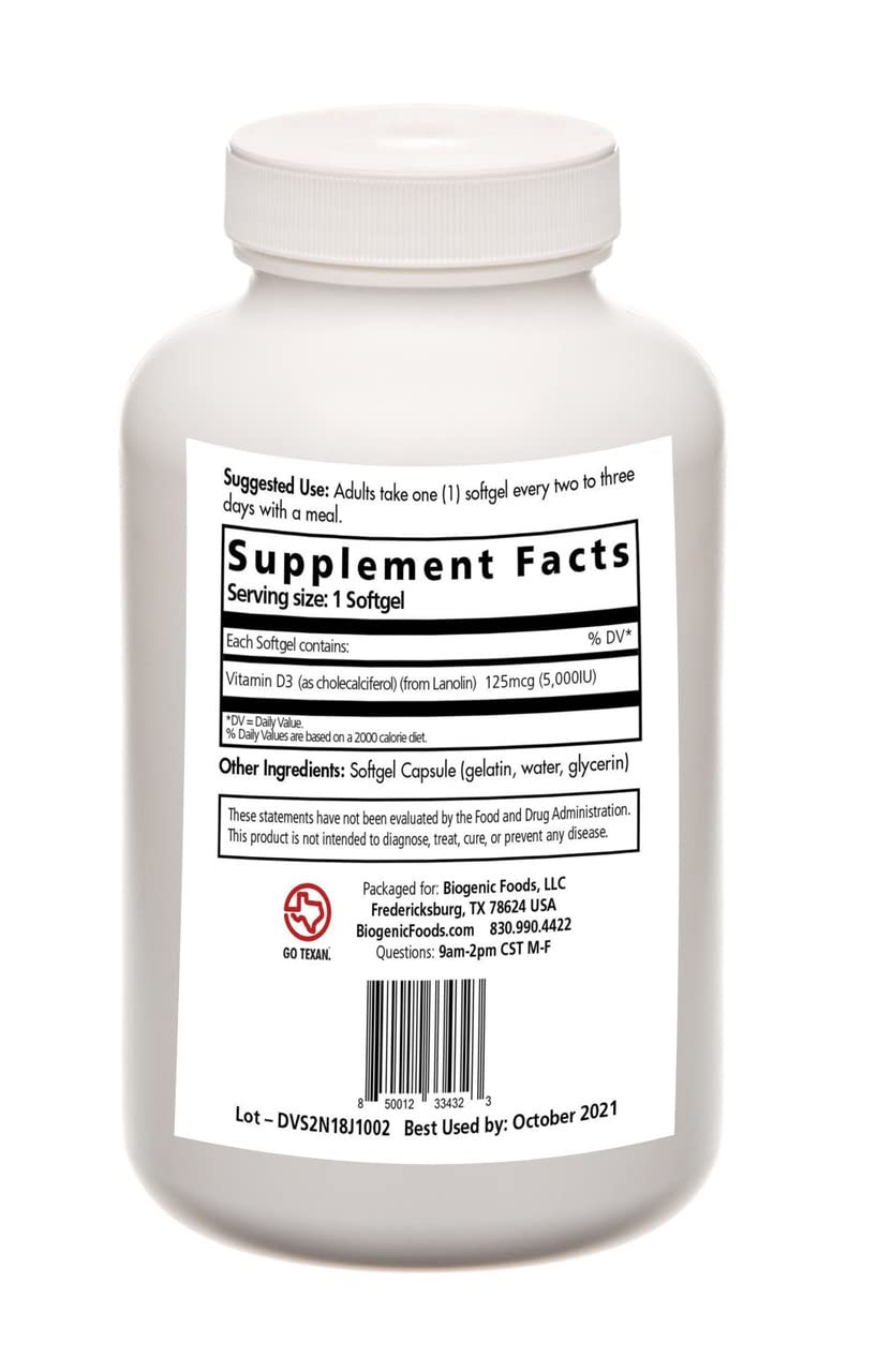 Biogenic Foods Vitamin D3 Softgels - High Potency Bone & Immune Health from Lanolin Source - 5,000 IU, 480 Softgels