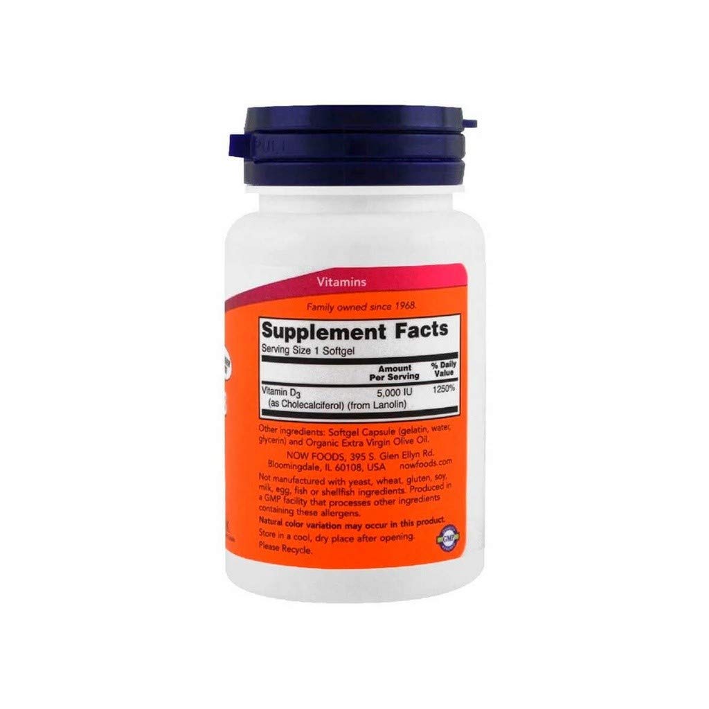 NOW Foods Vitamin D-3 5000 IU Softgels, 120 Count