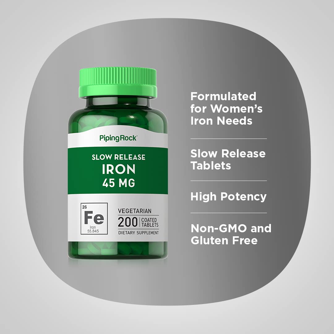 Piping Rock Iron Supplement 45 mg Slow Release Ferrous Sulfate Tablets, 200 Count