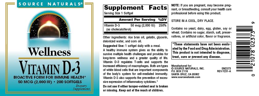 Source Naturals Wellness Vitamin D-3 2000 iu Bioactive Form for Immune Health, 200 Softgels
