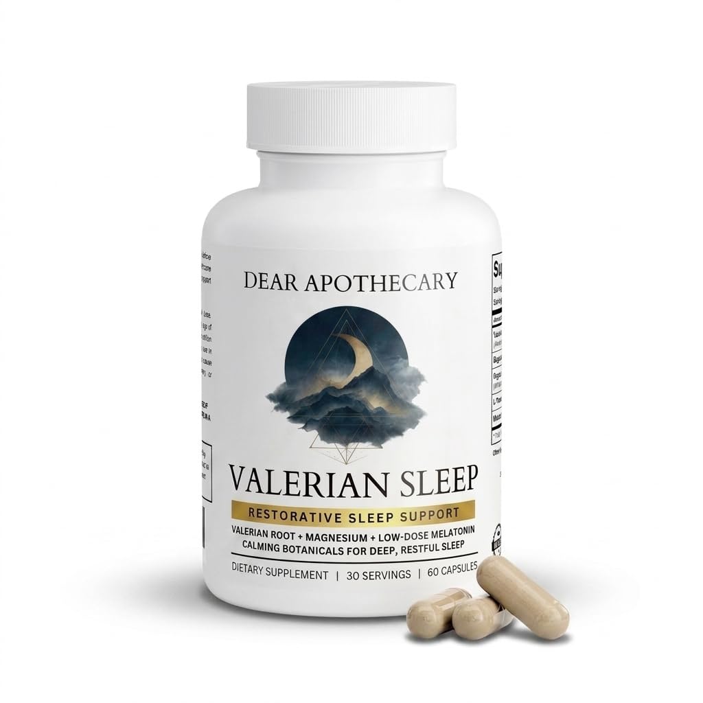 Dear Apothecary Valerian Sleep Aid for Adults - Valerian Root 400mg, Magnesium 250mg, Ashwagandha, L-Theanine, Melatonin 1.5mg - Deep Sleep & Relaxation - Vegan, Non-GMO, 60 Capsules