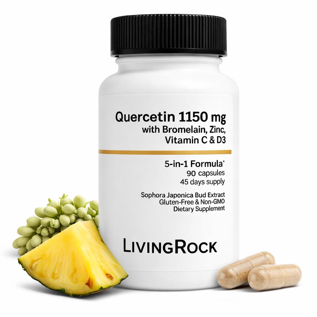 LivingRock Quercetin 1150mg with Bromelain, Zinc, Vitamin C, D3 & K2 Capsules, 90 Count