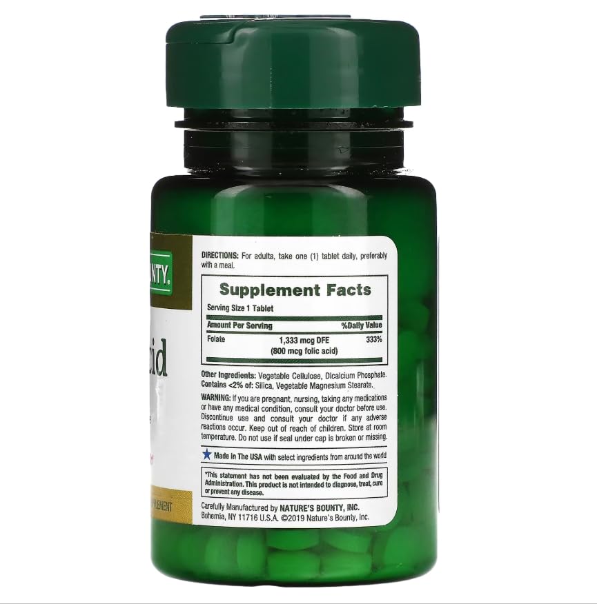Nature's Bounty Folic Acid 800 mcg Vitamin Supplement Maximum Strength Tablet 500 Tablets
