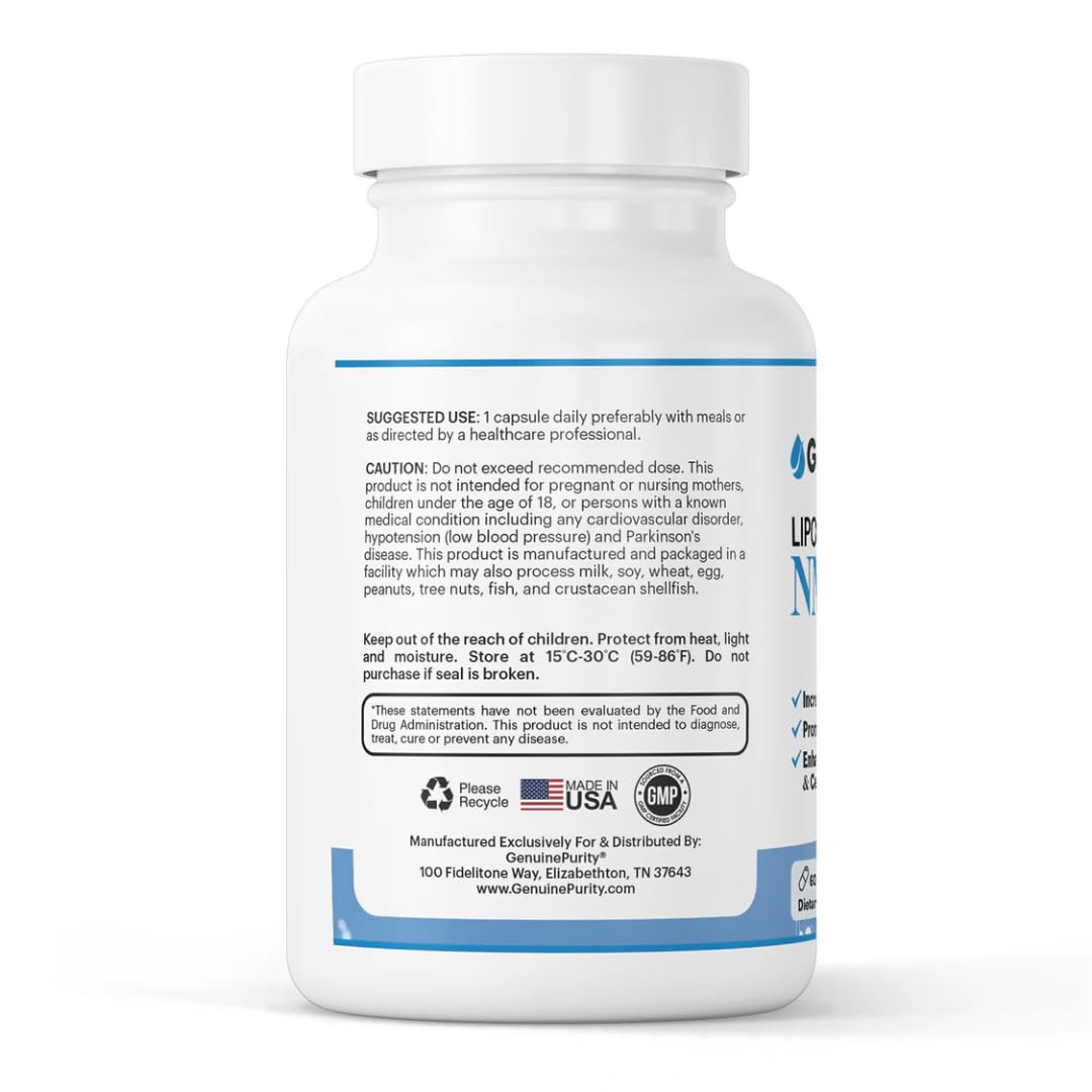 GenuinePurity 250mg Liposomal NMN Supplement Capsule, 60 Vegan Capsules