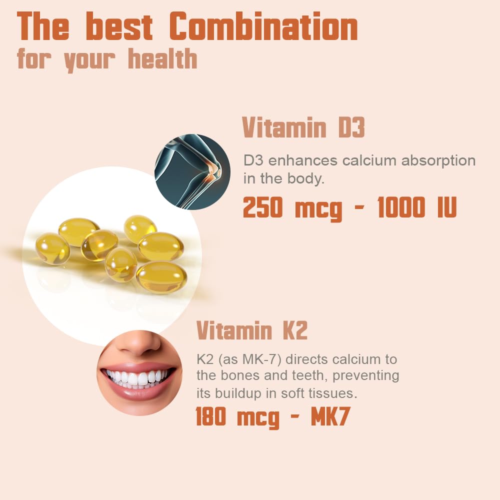 Health Dose Vitamin D3 10,000 IU + K2 (MK7) Supplement, 2-in-1 Formula, Immune Support, a Healthy Mood, Heart, Joint, Teeth, Bone Health, Calcium Absorption Softgels 180