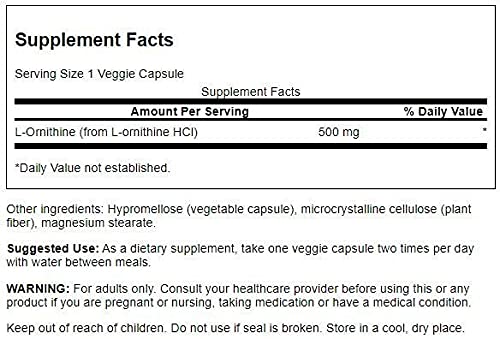 Swanson L-Ornithine Amino Acid 500 mg Capsule, 60 Count