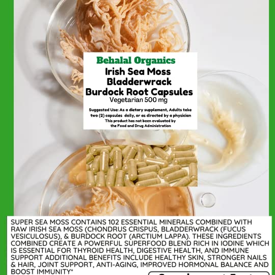 Behalal Organics Irish Sea Moss Bladderwrack Burdock Root Capsules, 100 Count